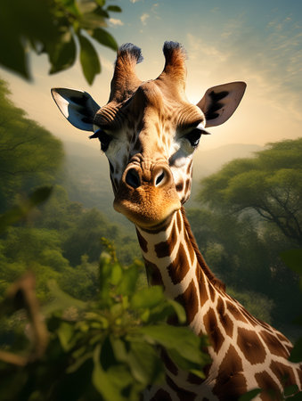 Giraffe with green leaves in the background, 3d renderの素材