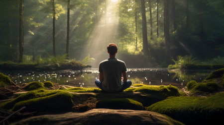 Man sitting in lotus position on the rock in the forest.の素材