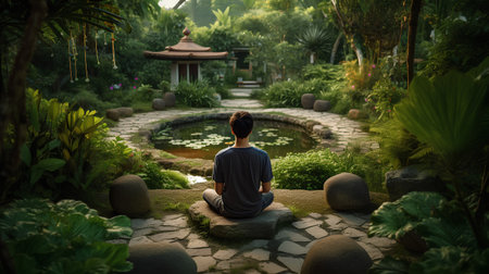 Man sitting in the garden and looking at the pond. Relaxation concept.の素材