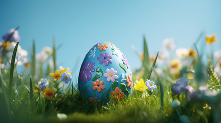 Easter egg with spring flowers on green grass. 3d renderの素材