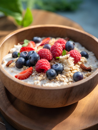 Healthy breakfast - oatmeal with berries in wooden bowl, closeupの素材