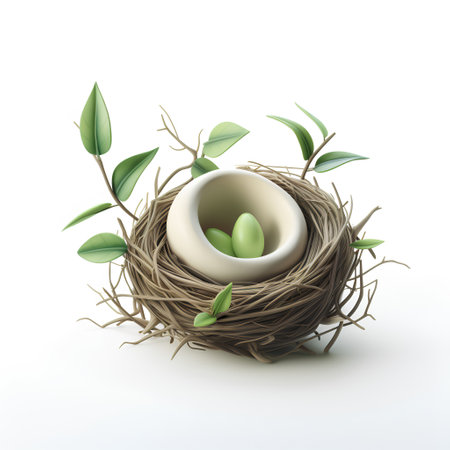 Bird nest with eggs isolated on white background. 3D illustration.の素材