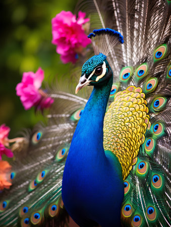 Beautiful peacock with colorful feathers on the background of flowers.の素材