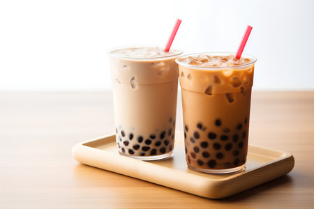 Iced Thai Milk Tea with Bubbles in Plastic Glass on Wooden Tableの素材