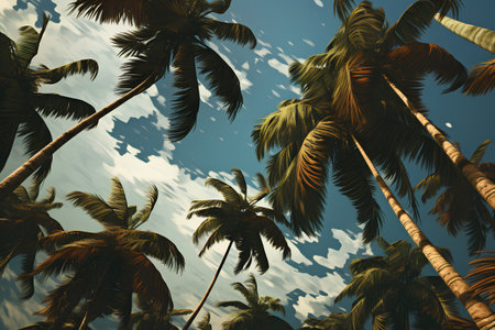 Tropical palm trees and cloudy sky background. 3d renderingの素材