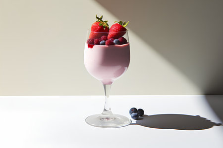 Raspberry yogurt with fresh berries in a glass on a white backgroundの素材