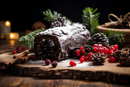Chocolate cake with cranberries and fir branches on a wooden backgroundの素材