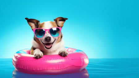 funny dog in sunglasses with inflatable donut swimming in poolの素材