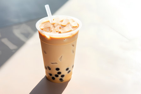 Iced coffee with bubbles in plastic cup on table in cafe.の素材