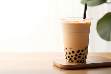 Iced Thai Milk Tea with Bubbles in Plastic Glass on Wooden Tableの素材