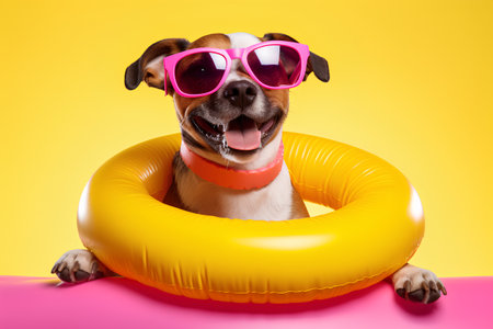 Funny dog with sunglasses and swim ring isolated on yellow background.の素材