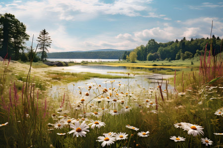 Beautiful summer landscape with wild camomiles on the lake.の素材