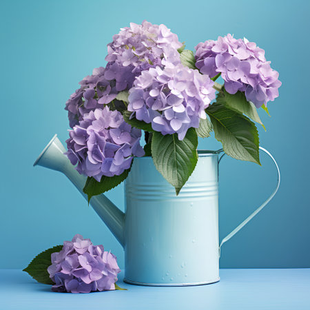 Bouquet of hydrangea in a watering can on a blue backgroundの素材