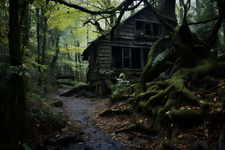 Abandoned wooden house in the forest with mossy trees.の素材