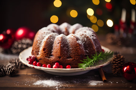 Chocolate bundt cake with icing sugar and cranberries on a wooden backgroundの素材