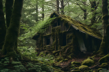 Old wooden house in the forest with moss and ferns.の素材