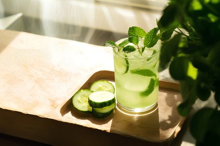 Cucumber mojito cocktail with mint and ice on a wooden tableの素材