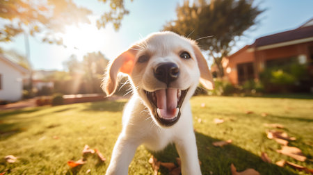 Cute golden retriever puppy on green grass in sunny day.の素材