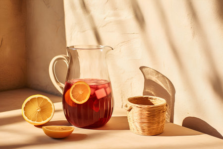 A glass jug of hot red sangria with a slice of lemon and a wicker basket on the table.の素材