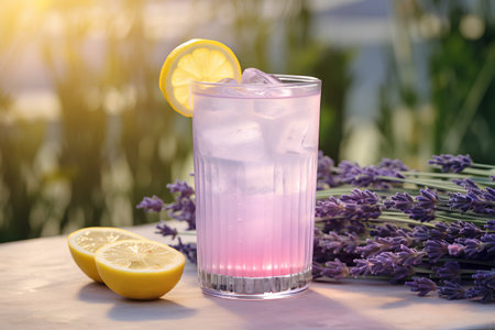Lavender lemonade with ice in a glass on a wooden tableの素材