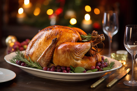 Christmas roast turkey with cranberries and rosemary on wooden table.の素材
