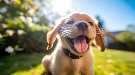 Cute golden retriever puppy with tongue out in the garden.の素材