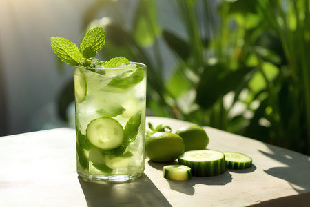 Mojito cocktail with cucumber, lime and mint in a glassの素材