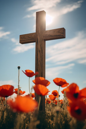 Wooden cross on the field with red poppies and blue sky backgroundの素材