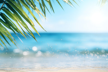 Tropical beach with palm leaf and bokeh sun light abstract backgroundの素材