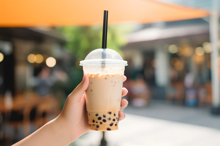 Woman hand holding iced milk tea with bubble on blur cafe backgroundの素材