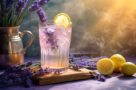 Lavender lemonade with ice and lemon on a purple backgroundの素材