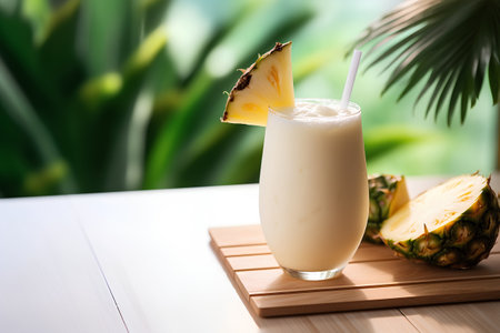 Pina colada cocktail with pineapple on wooden table and green backgroundの素材