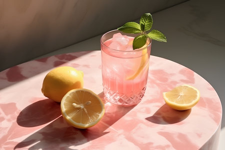 Glass of lemonade with lemon and mint on pink marble table.の素材