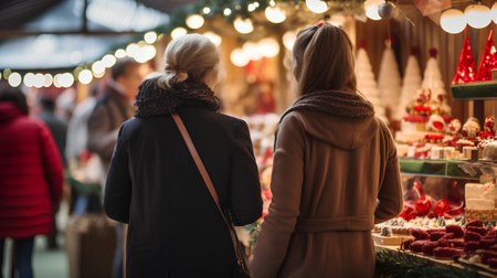 Rear view of two young women looking at a Christmas market stallの素材