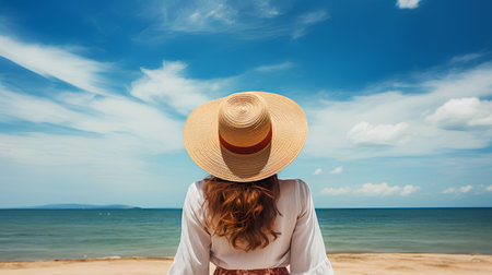 Young woman in hat looking at the sea. Summer vacation concept.の素材