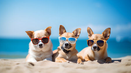 Three chihuahua dogs in sunglasses on the beach. Summer holidays and vacation concept.の素材