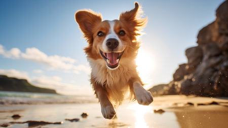 Cute red border collie dog jumping on the beach at sunsetの素材