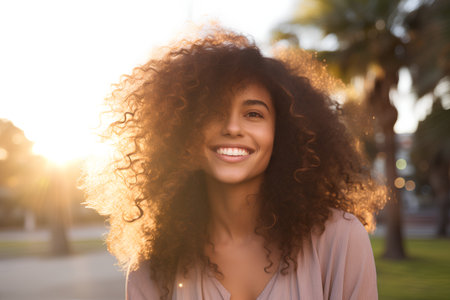Portrait of a beautiful young african american woman with long curly hairの素材
