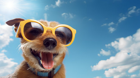 summer holidays and vacation concept - happy dog in sunglasses over blue sky backgroundの素材