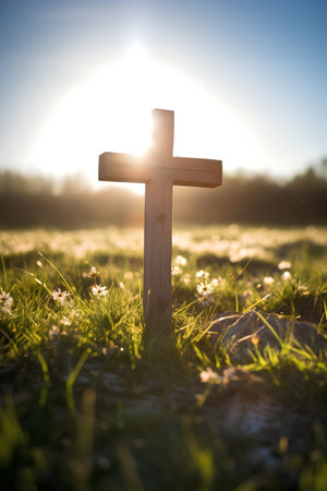 Wooden cross on a meadow in front of the sun.の素材