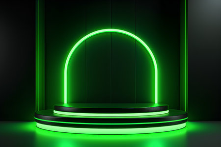 Neon round podium illuminated with spotlight. Award ceremony concept. Stage backdrop. Vector illustrationの素材