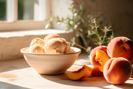 Peach ice cream in bowl with fresh peaches on windowsillの素材