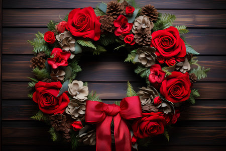 Christmas wreath with red roses and pine cones on a wooden backgroundの素材