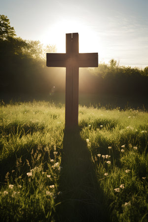 Cross in the meadow at sunset. Cross in the nature.の素材