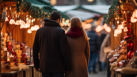 couple in love at christmas market. man and woman looking at Christmas decorations.の素材