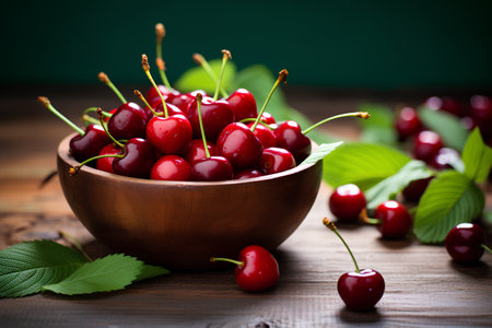Fresh cherries in a wooden bowl on a wooden background. Selective focus.の素材