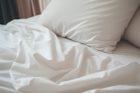 White pillow on bed decoration in bedroom interior - Vintage Light Filter processingの素材