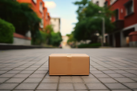 Cardboard box on the city street. 3d render illustration.の素材