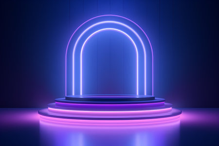 3d render, abstract background, neon light, round podium, glowing arch, neon lights, empty scene for product presentationの素材
