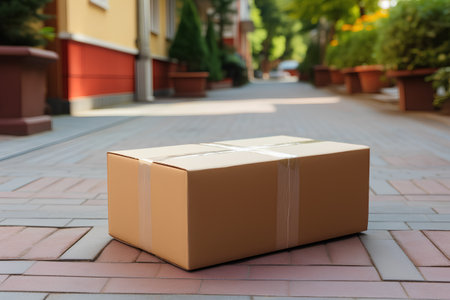 Cardboard box on the sidewalk. Concept of delivery and logistics.の素材